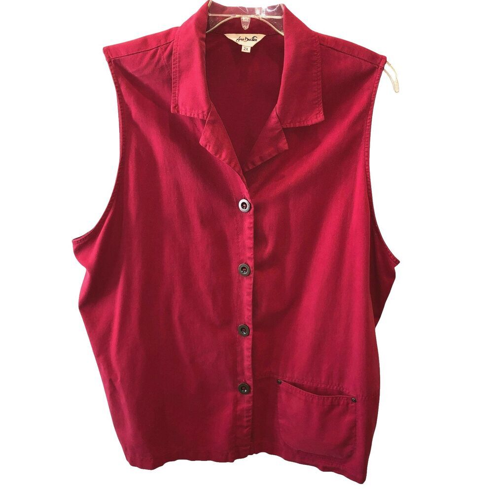 Fern Bratten Womens Size 2X Red Sleeveless Button Up Collared Shirt Vest Top USA